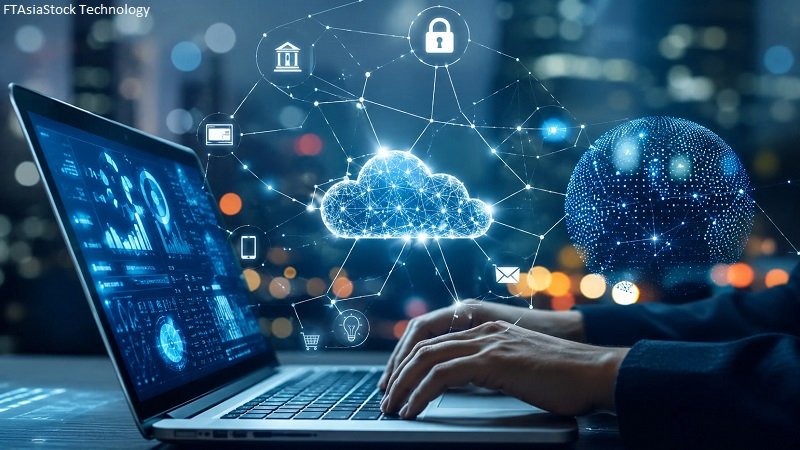 FTAsiaStock Technology concept showing AI, cloud computing, cybersecurity, data analytics, and digital business transformation in a modern workspace