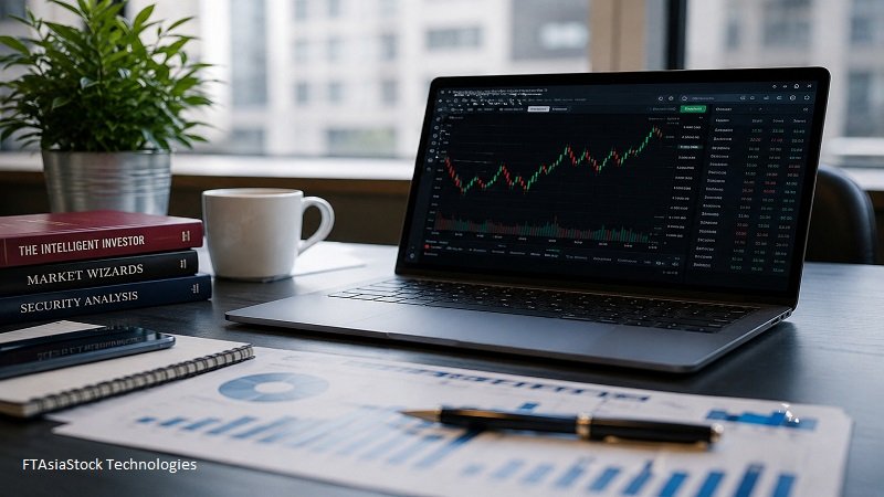 FTAsiaStock Technologies financial analyst researching stock markets, fintech, business, and investment insights in a modern office